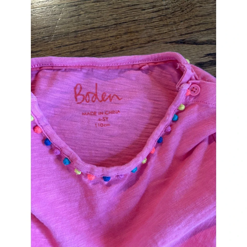 Boden Girls Pink Cotton Jersey Dress Rainbow Pom Pom Trim Summer 4-5Y